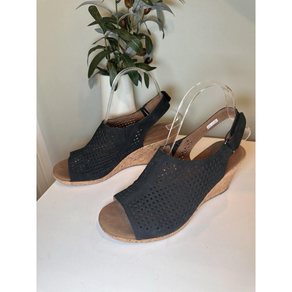 Rockport Briah Black Perforated Leather Slingback Cork Wedge Sandals Size 7 M